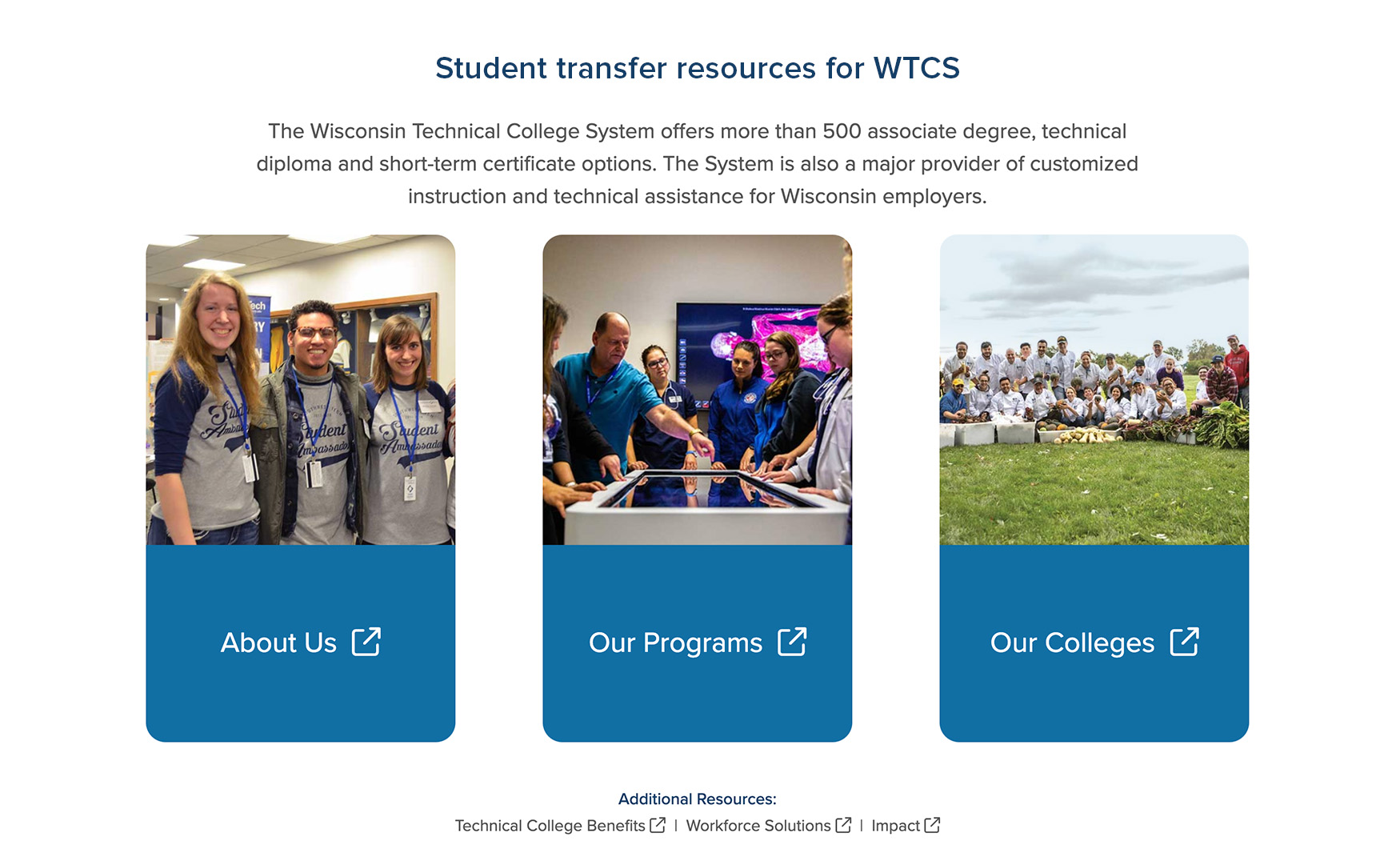 Example of image and text resource links within a state/system landing page. This landing page is a test example created by CollegeSource to demonstrate functionality and was not created by or endorsed by the Wisconsin Technical College System.