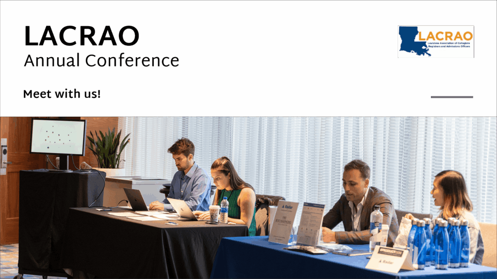 Four trade show attendees at conference tables.