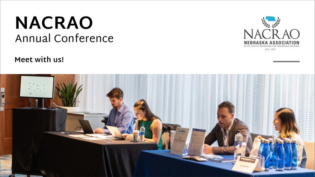 1. Four trade show attendees at conference tables.