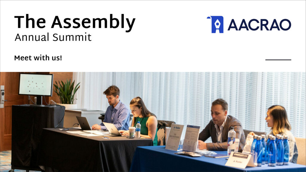 Four trade show attendees at conference tables